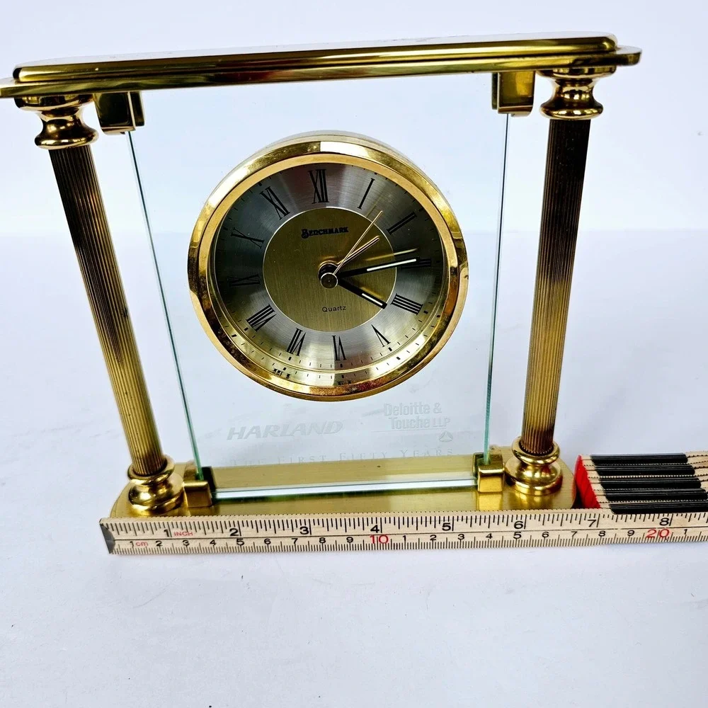 Vintage Benchmark Quartz Desk Clock Gold Tone Glass Harland Deloitte Fifty Years